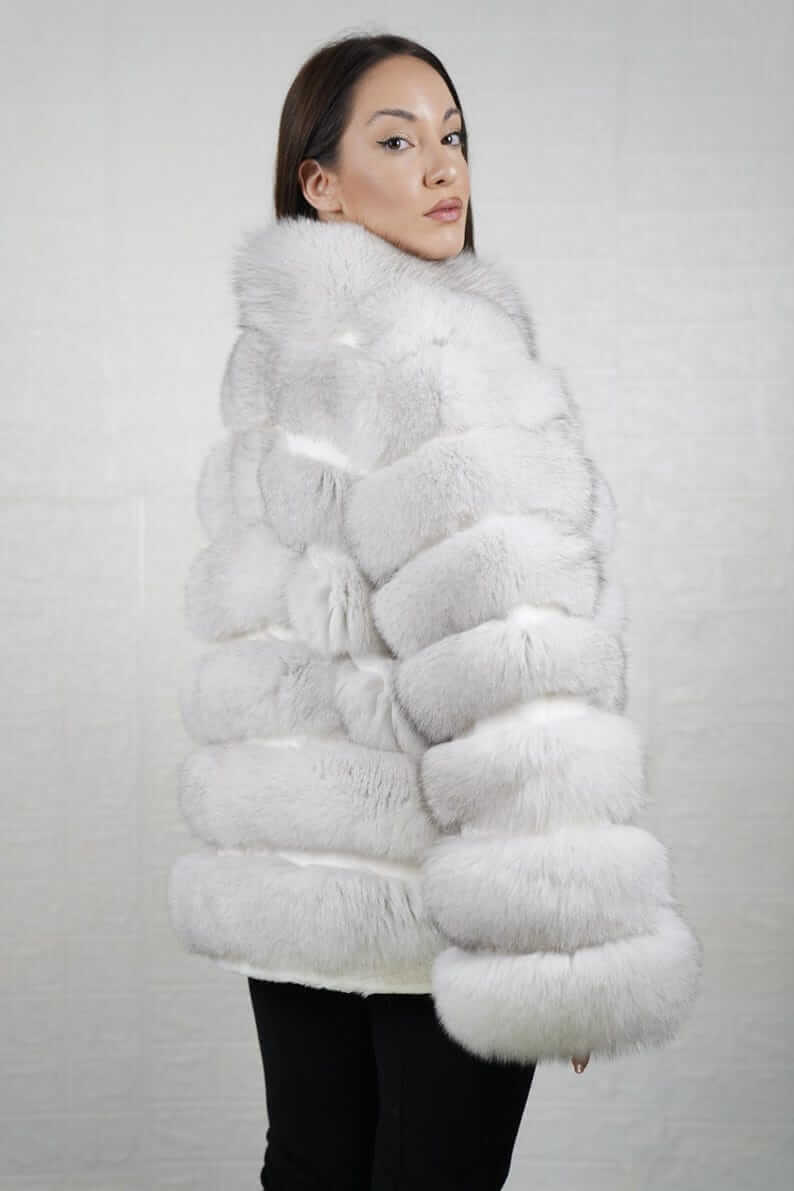Fox Fur Jacket Natural Blue with Rabbit Lines displayed on a model, showcasing luxury and unique design.