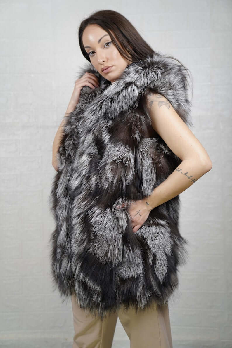 Fox Fur Vest Silver Long Coat Jacket Hooded - Tatifurs worn by model, showcasing luxury and style.