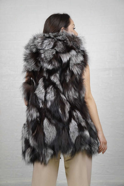 Fox Fur Vest Silver Long Coat Jacket Hooded - Tatifurs displayed from the back, showcasing luxurious genuine silver fox fur.