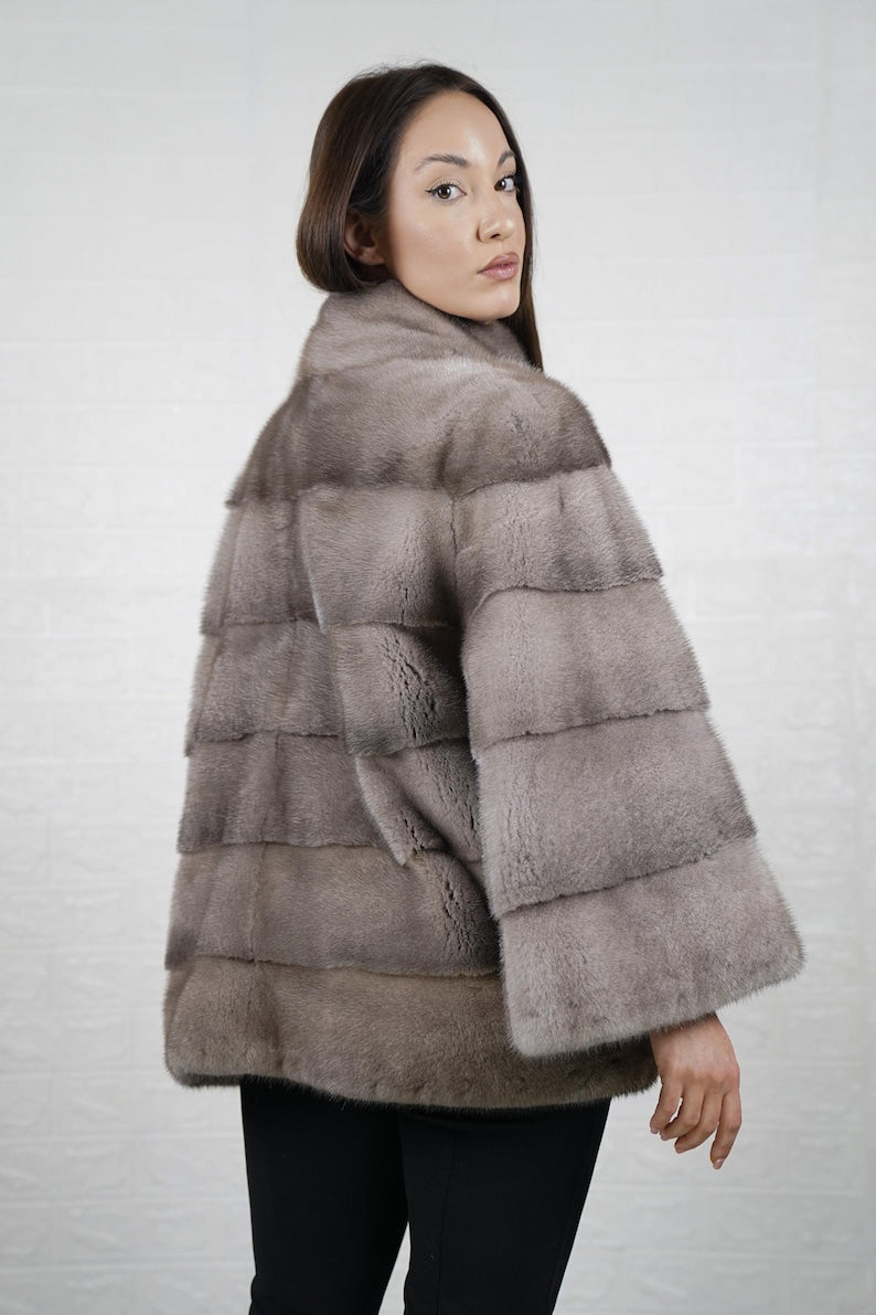 Gray mink fur jacket coat front view – full skin pelts and classic collar
