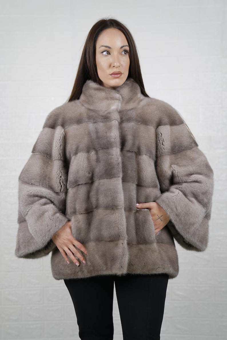 Elegant gray mink fur jacket coat with collar full skin pelts handmade in Greece

