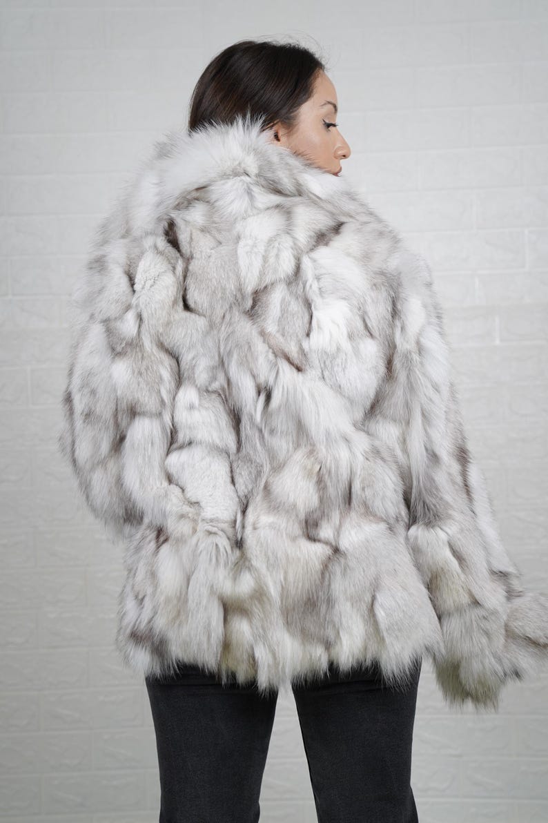 Back view of natural blue fox fur coat jacket
