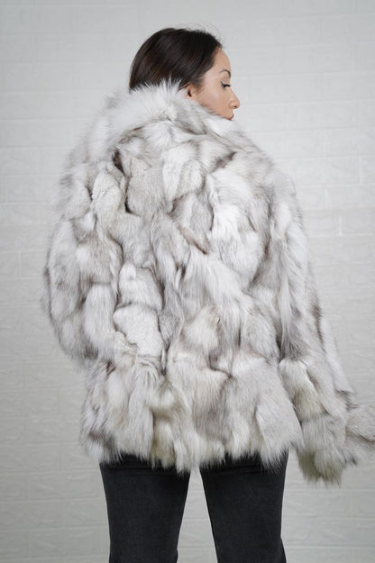 Back view of natural blue fox fur coat jacket
