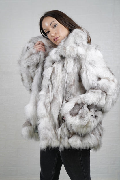 Natural blue fox fur coat jacket with collar, front view
