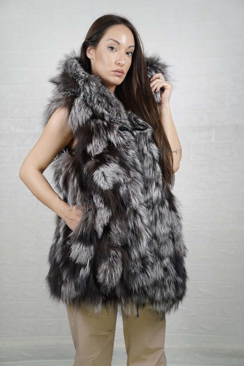 Fox Fur Vest Silver Long Coat Jacket Hooded - Tatifurs on model, showcasing luxurious silver fox fur and hood.