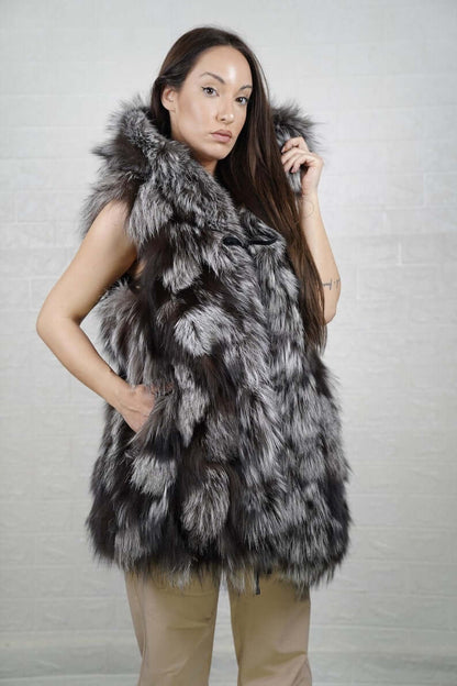 Fox Fur Vest Silver Long Coat Jacket Hooded - Tatifurs on model, showcasing luxurious silver fox fur and hood.