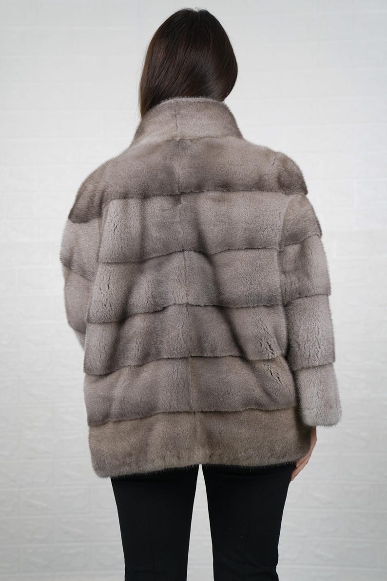 Gray mink fur jacket coat back view showing plush full skin pelts
