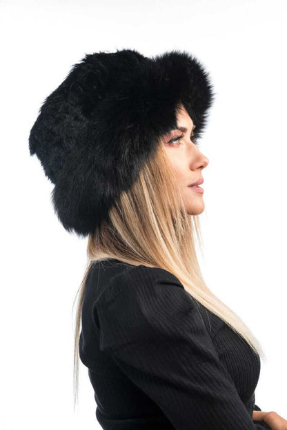 Rabbit fox fur hat black shown from the side displaying full voluminous round silhouette and black rabbit outer transitioning to black fox base — Greek craftsmanship, TatiFurs
