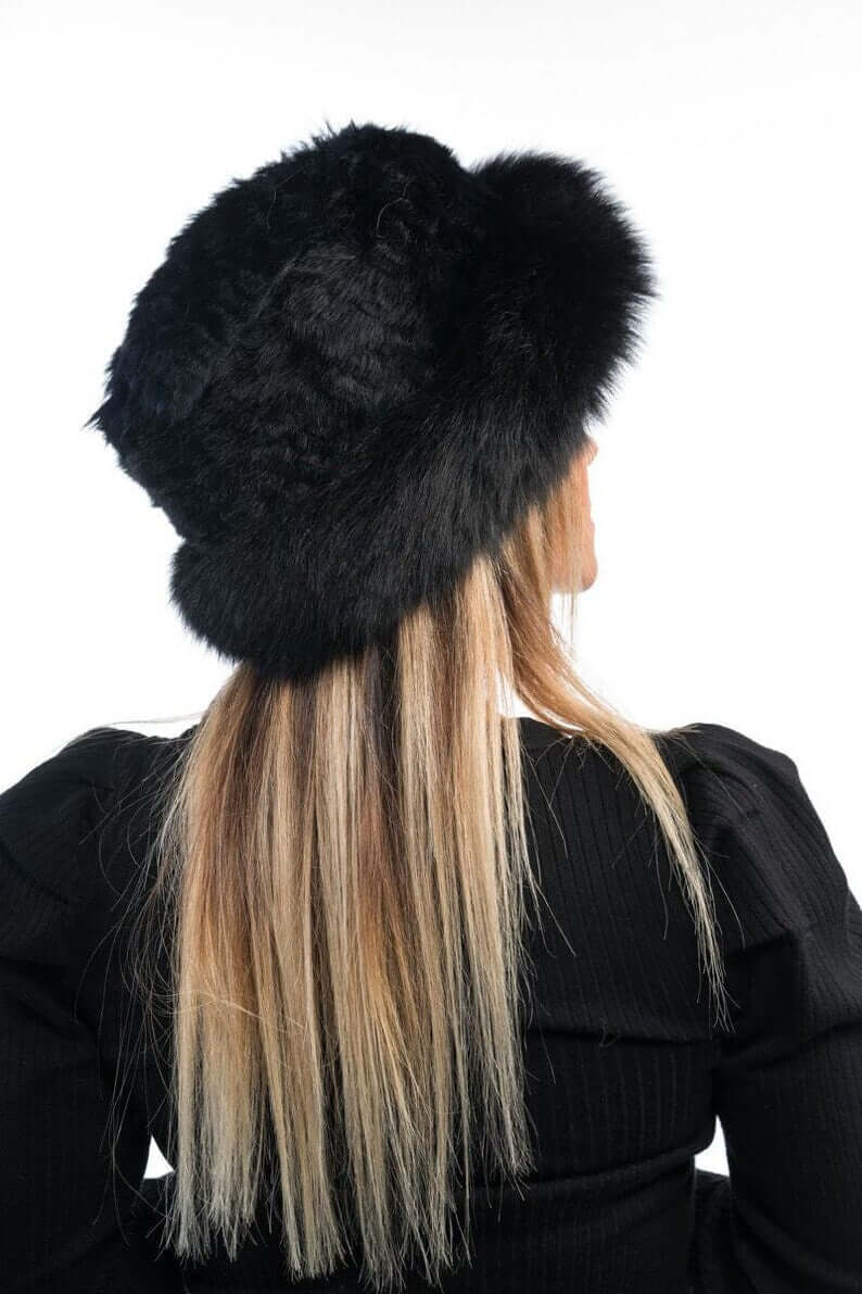 Rabbit fox fur hat black close-up texture showing black rabbit fur outer pile and black fox fur base pile textural contrast — Greek craftsmanship, TatiFurs

