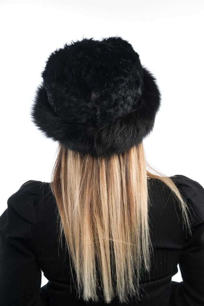 Rabbit fox fur hat black worn showing full voluminous round black rabbit outer and fox base brim silhouette from front — Greek craftsmanship, TatiFurs
