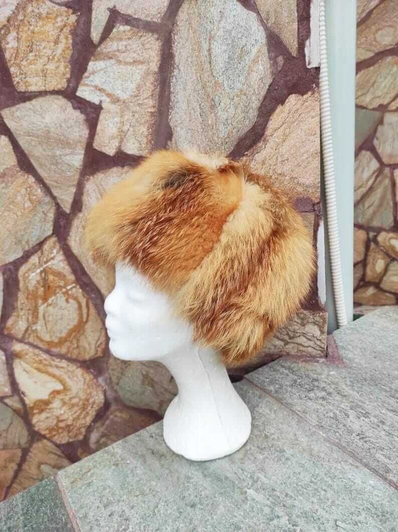 Fox fur hat red canadian full skin adjustable women — front view worn, TatiFurs
