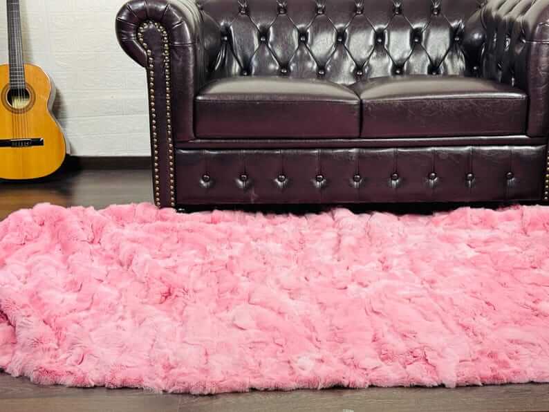 rex rabbit fur throw blanket pink — velvet cotton backing detail, soft substantial finish — Greek craftsmanship, TatiFurs
