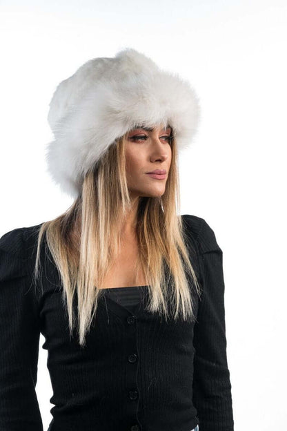 Rabbit fox fur hat white shown from the side displaying full voluminous round silhouette and white rabbit outer transitioning to white fox base — Greek craftsmanship, TatiFurs
