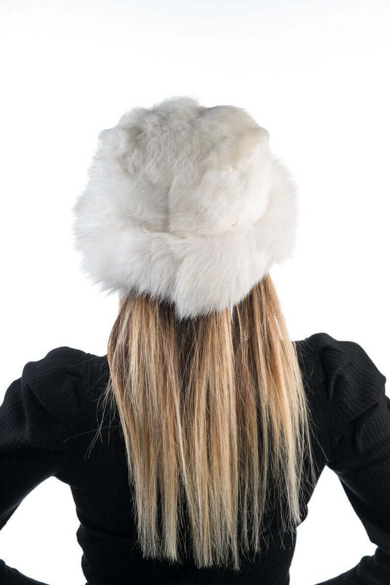 Rabbit fox fur hat white worn showing full voluminous round white rabbit outer and fox base brim silhouette from front — Greek craftsmanship, TatiFurs
