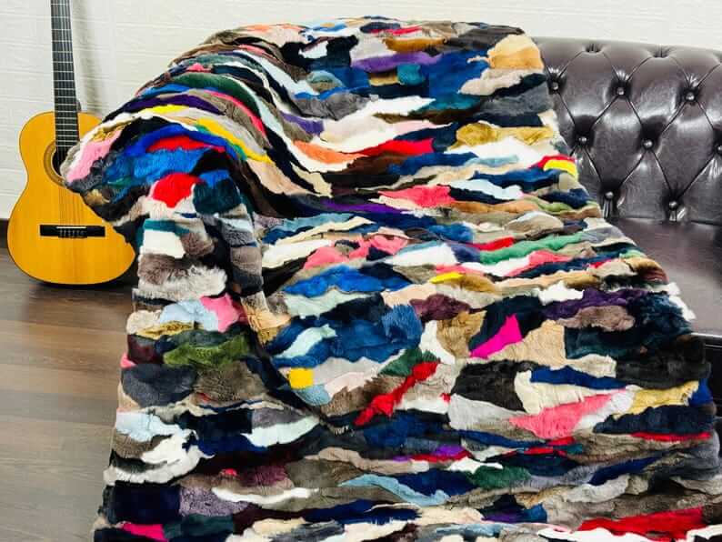 rex rabbit fur throw blanket multicolor — bold saturated colour panels, vivid surface — Greek craftsmanship, TatiFurs
