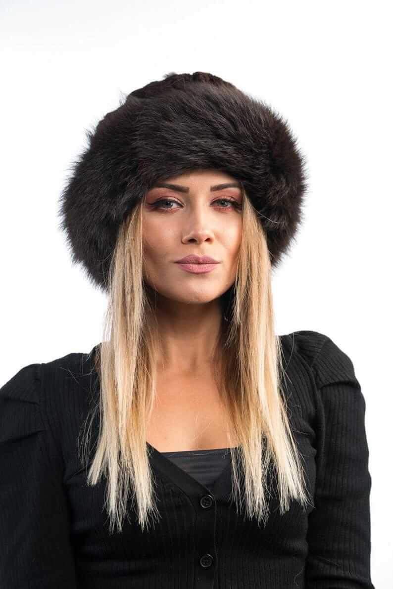 Rabbit fox fur hat brown shown from the back displaying one button adjustable closure and consistent brown rabbit fox fur surface — Greek craftsmanship, TatiFurs
