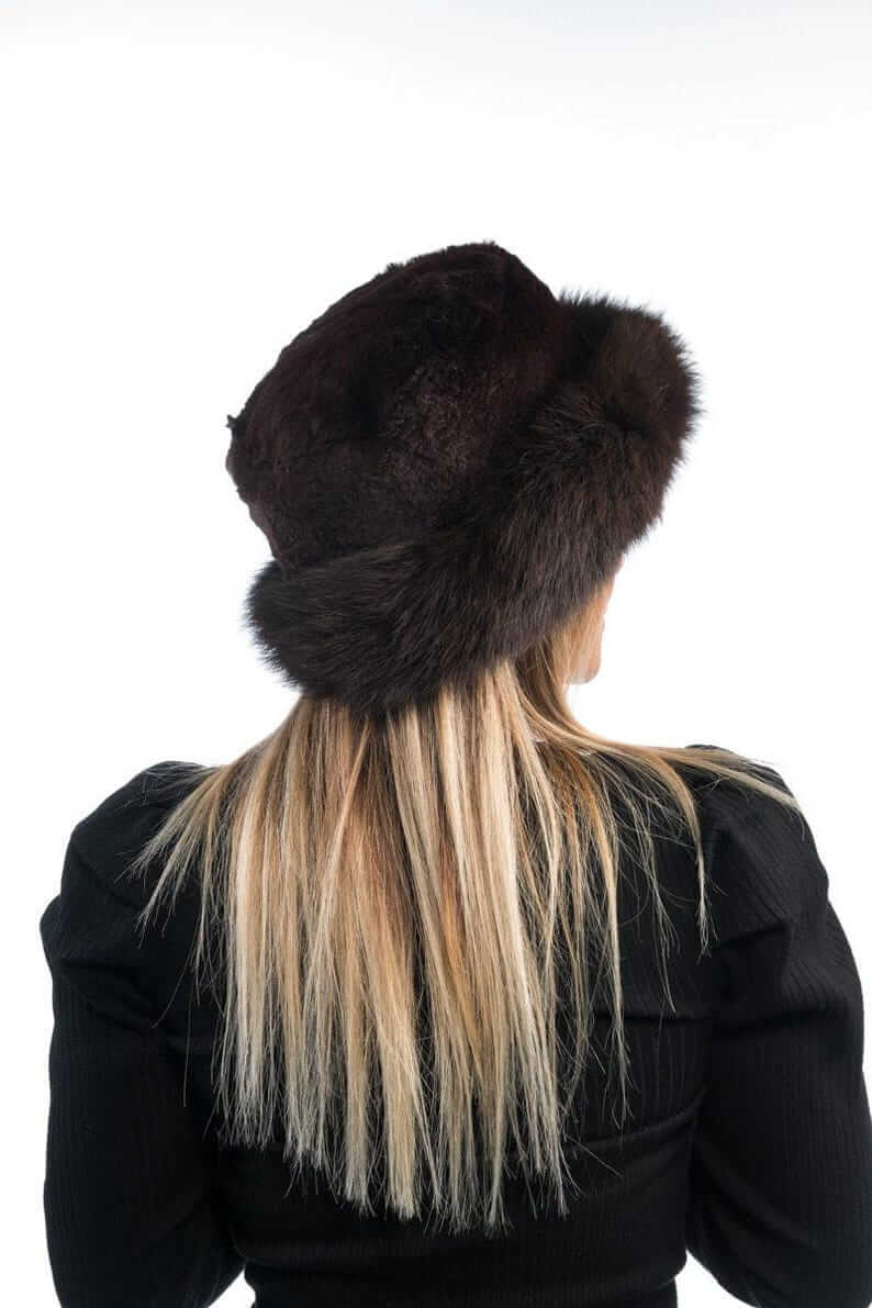 Rabbit fox fur hat brown worn showing full voluminous round brown rabbit outer and fox base brim silhouette from front — Greek craftsmanship, TatiFurs
