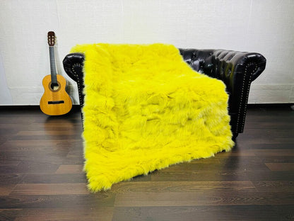 fox fur throw blanket yellow — bold radiant yellow colour, sunlit surface warmth — Greek craftsmanship, TatiFurs
