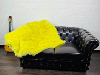 fox fur throw blanket yellow — velvet cotton backing detail, soft substantial finish — Greek craftsmanship, TatiFurs
