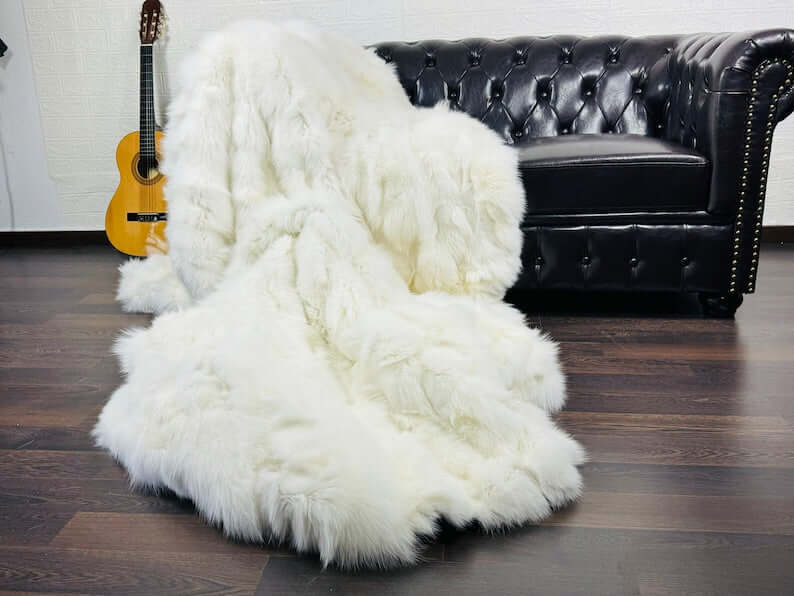 Fox fur blanket throw white — pure natural white patchwork, front view, TatiFurs
