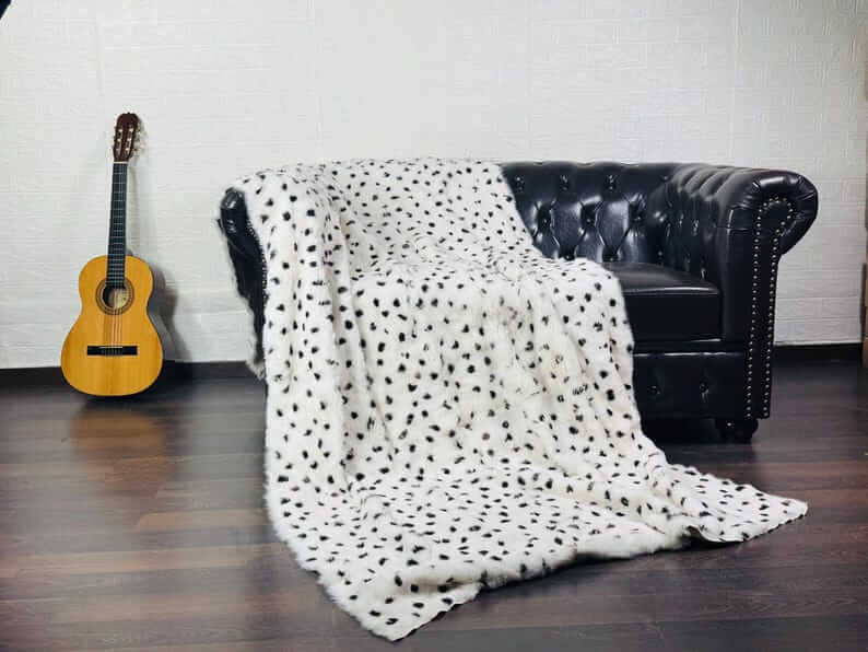rabbit fur throw blanket dalmatian print — patchwork panels, velvet cotton backing, full surface view — Greek craftsmanship, TatiFurs
