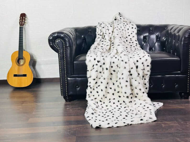 rabbit fur throw blanket dalmatian print — velvet cotton backing detail, soft substantial finish — Greek craftsmanship, TatiFurs
