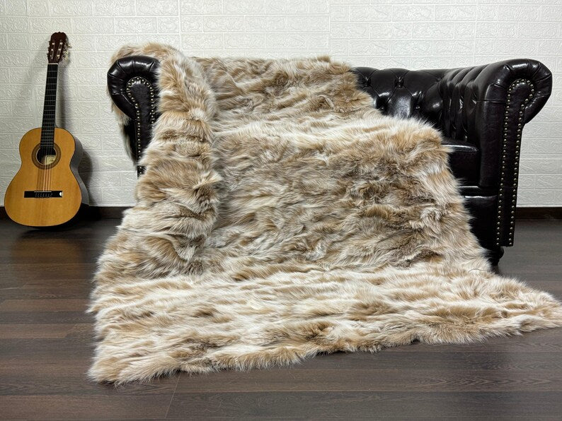 fox fur throw blanket beige — velvet cotton backing detail, soft substantial finish — Greek craftsmanship, TatiFurs
