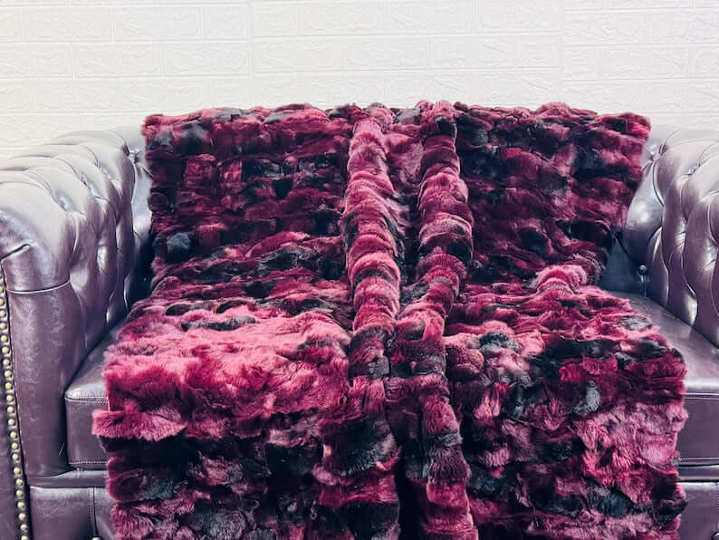 rex rabbit fur throw blanket red black — colour-matched panel construction, consistent surface texture — Greek craftsmanship, TatiFurs
