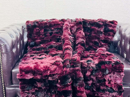 rex rabbit fur throw blanket red black — colour-matched panel construction, consistent surface texture — Greek craftsmanship, TatiFurs
