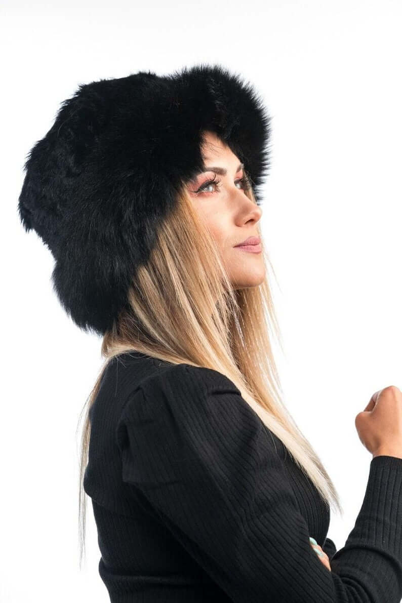 Rabbit fox fur hat black adjustable women — front view worn, TatiFurs
