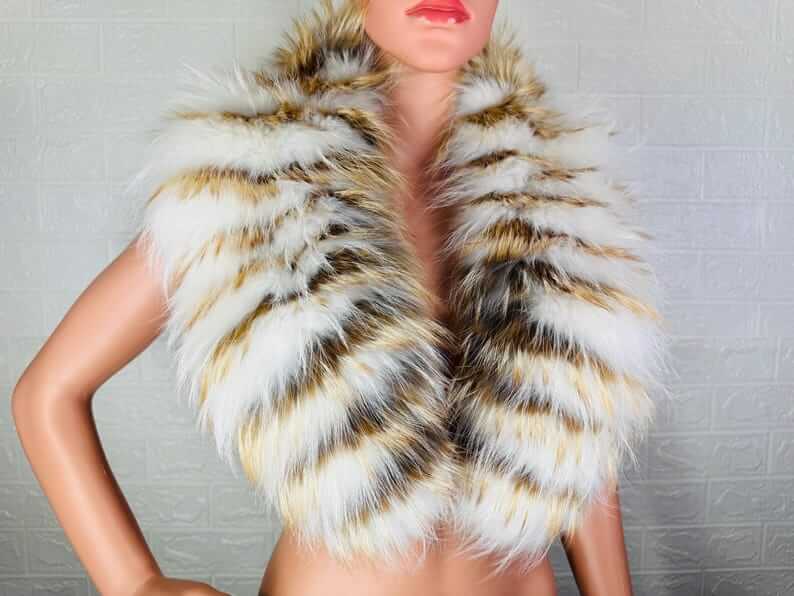 Fox fur collar white gold shown flat displaying full collar length 55cm each side and 14cm diameter white and gold fox alternating — Greek craftsmanship, TatiFurs
