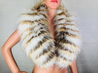 Fox fur collar white gold shown flat displaying full collar length 55cm each side and 14cm diameter white and gold fox alternating — Greek craftsmanship, TatiFurs
