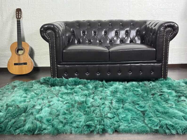 fox fur throw blanket green — bold organic green colour, forest-rich surface depth — Greek craftsmanship, TatiFurs
