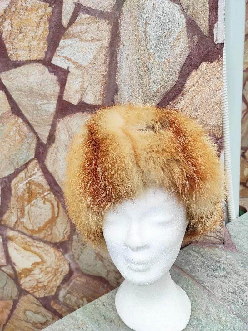 Fox fur hat red canadian shown from the side displaying full voluminous round silhouette and deep rich Canadian red fox pile height — Greek craftsmanship, TatiFurs
