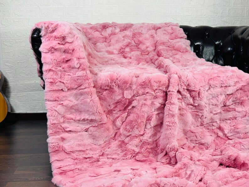 rex rabbit fur throw blanket pink — soft romantic pink tone, warm glowing surface — Greek craftsmanship, TatiFurs
