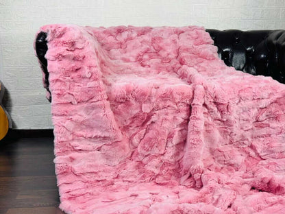 rex rabbit fur throw blanket pink — soft romantic pink tone, warm glowing surface — Greek craftsmanship, TatiFurs
