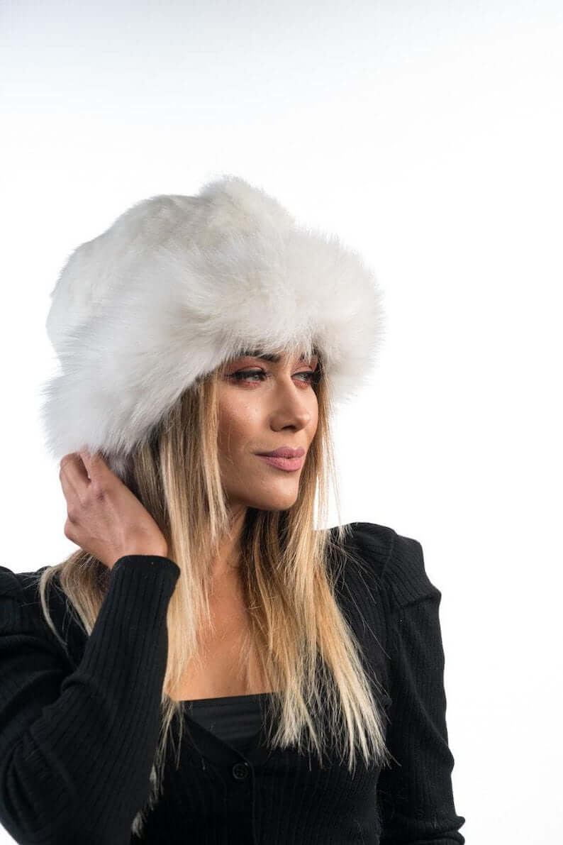 Rabbit fox fur hat white adjustable women — front view worn, TatiFurs
