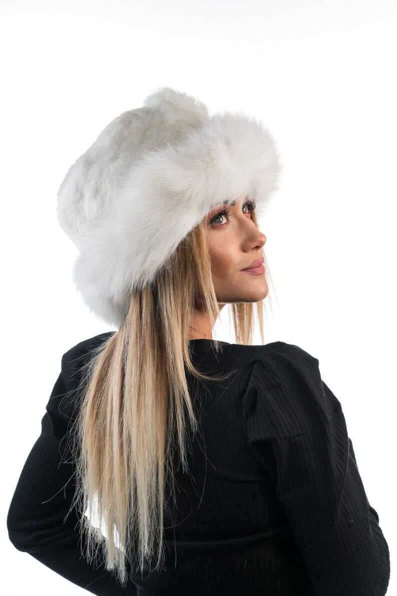 Rabbit fox fur hat white shown from the back displaying one button adjustable closure and consistent white rabbit fox fur surface — Greek craftsmanship, TatiFurs
