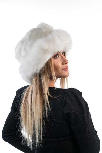 Rabbit fox fur hat white shown from the back displaying one button adjustable closure and consistent white rabbit fox fur surface — Greek craftsmanship, TatiFurs
