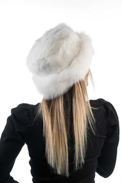 Rabbit fox fur hat white close-up texture showing white rabbit fur outer pile and white fox fur base pile textural contrast — Greek craftsmanship, TatiFurs
