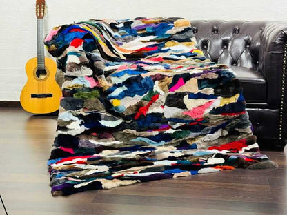 rex rabbit fur throw blanket multicolor — patchwork panels, velvet cotton backing, full surface view — Greek craftsmanship, TatiFurs
