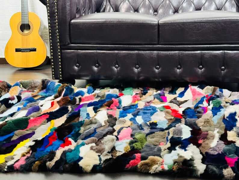 rex rabbit fur throw blanket multicolor — velvet cotton backing detail, soft substantial finish — Greek craftsmanship, TatiFurs
