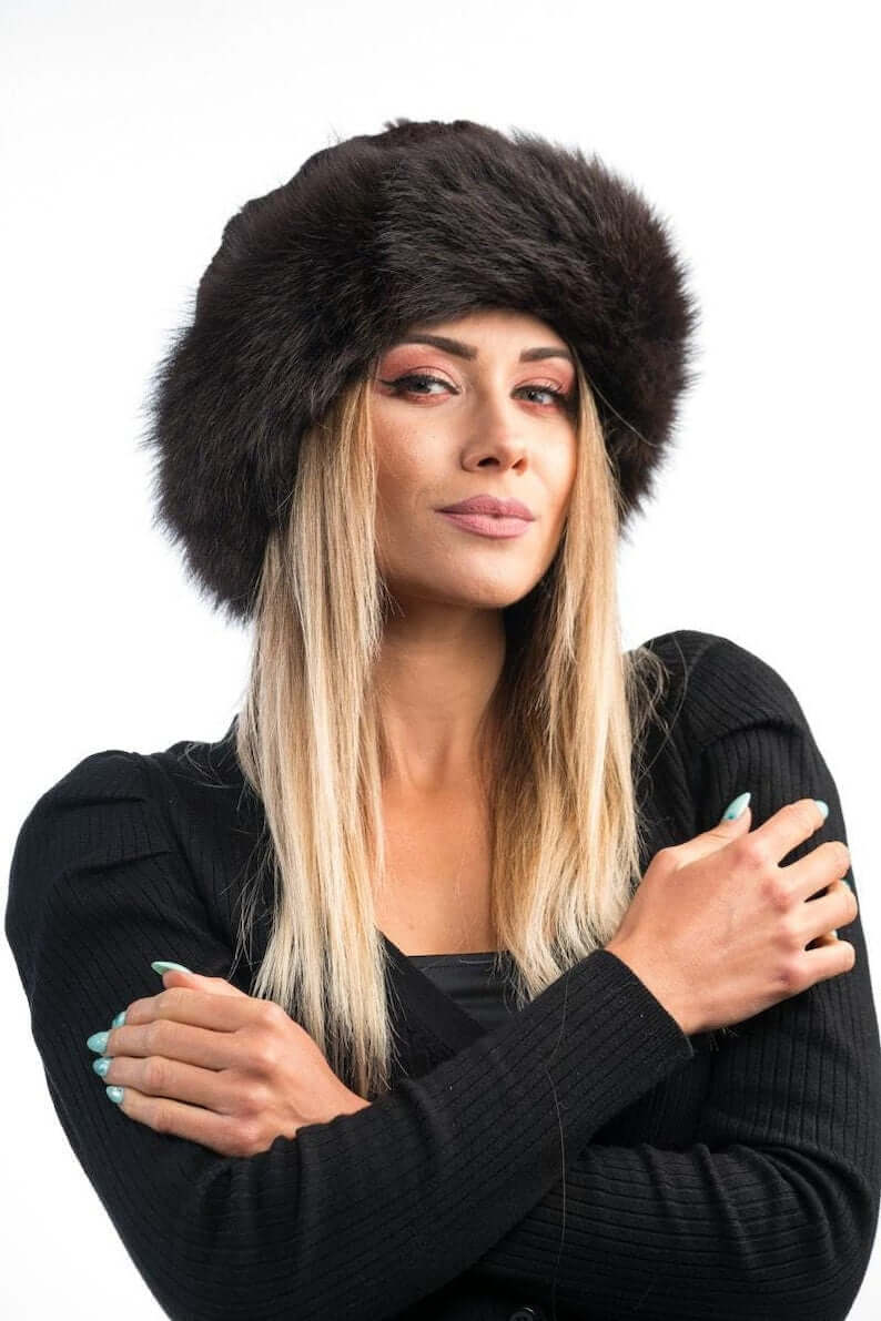 Rabbit fox fur hat brown close-up texture showing brown rabbit fur outer pile and brown fox fur base pile textural contrast — Greek craftsmanship, TatiFurs
