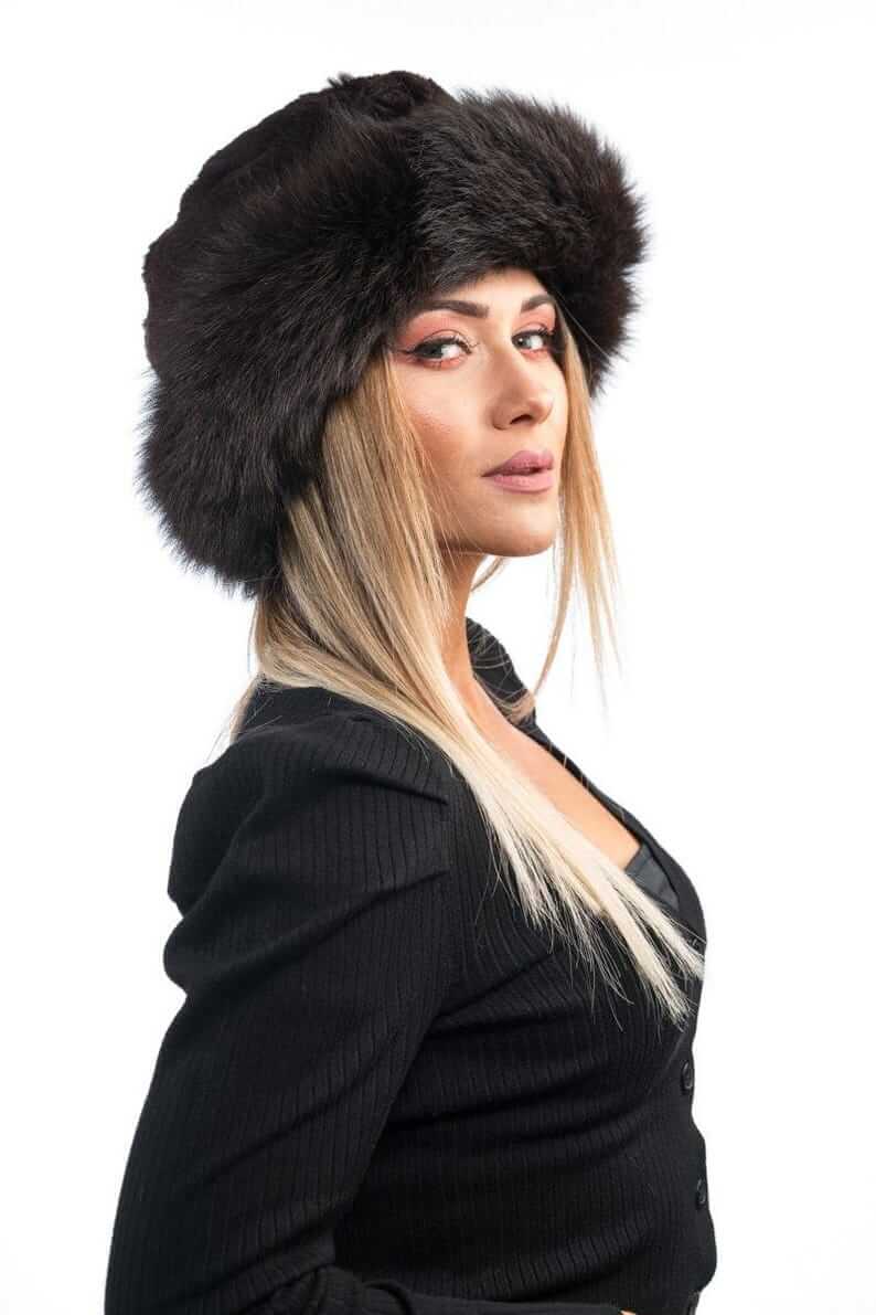 Rabbit fox fur hat brown adjustable women — front view worn, TatiFurs
