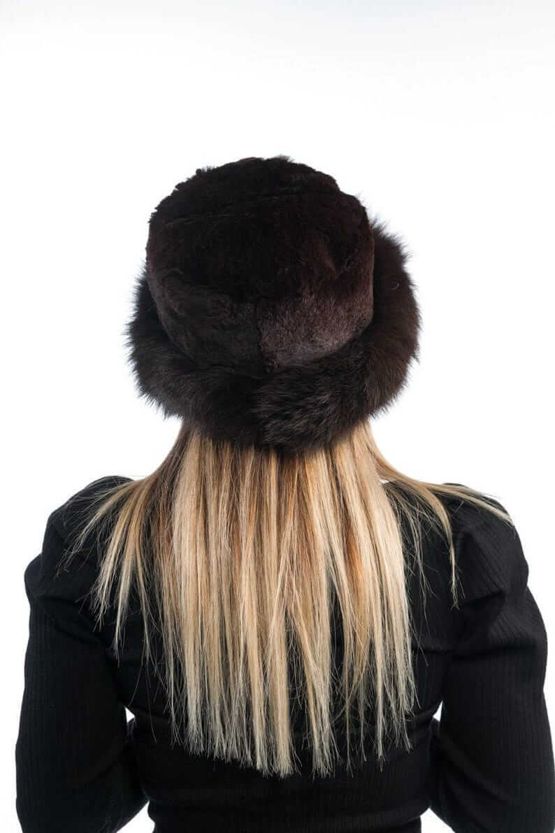 Rabbit fox fur hat brown shown from the side displaying full voluminous round silhouette and brown rabbit outer transitioning to brown fox base — Greek craftsmanship, TatiFurs

