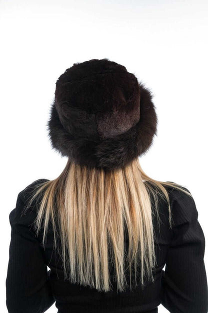 Rabbit fox fur hat brown shown from the side displaying full voluminous round silhouette and brown rabbit outer transitioning to brown fox base — Greek craftsmanship, TatiFurs
