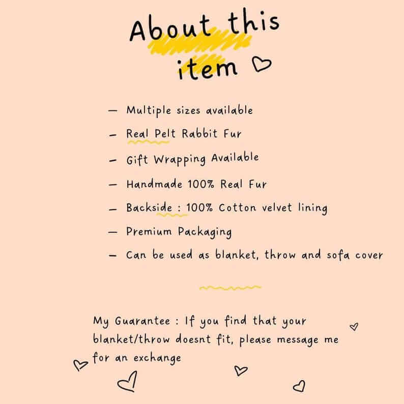 About this item for the White Rabbit Fur Throw Blanket - Tatifurs featuring real rabbit fur and premium packaging.