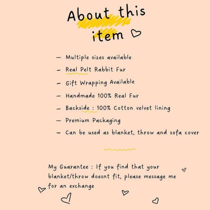 About this item for the White Rabbit Fur Throw Blanket - Tatifurs featuring real rabbit fur and premium packaging.