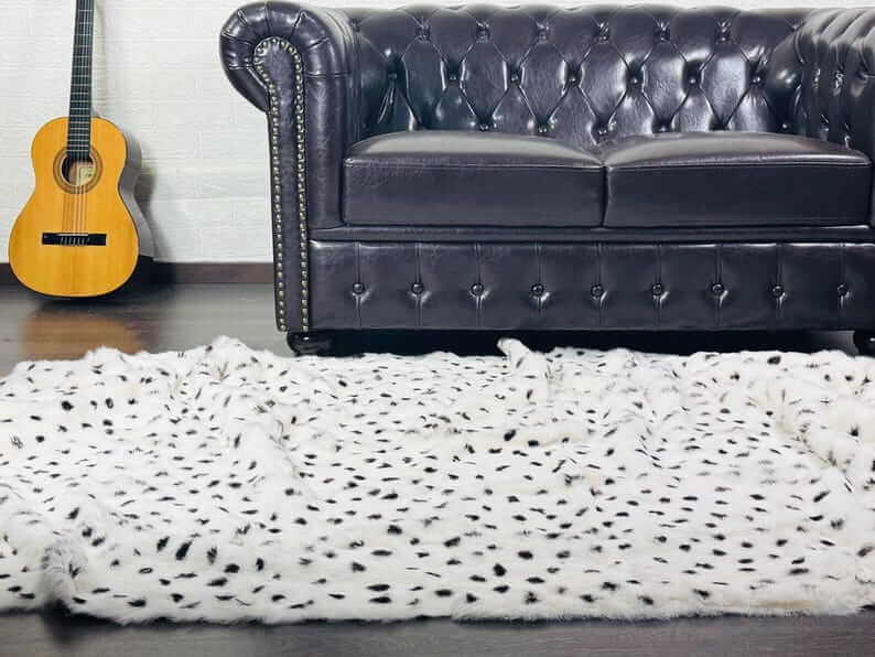 rabbit fur throw blanket dalmatian print — flowing rabbit fur pile, dalmatian print close-up detail — Greek craftsmanship, TatiFurs
