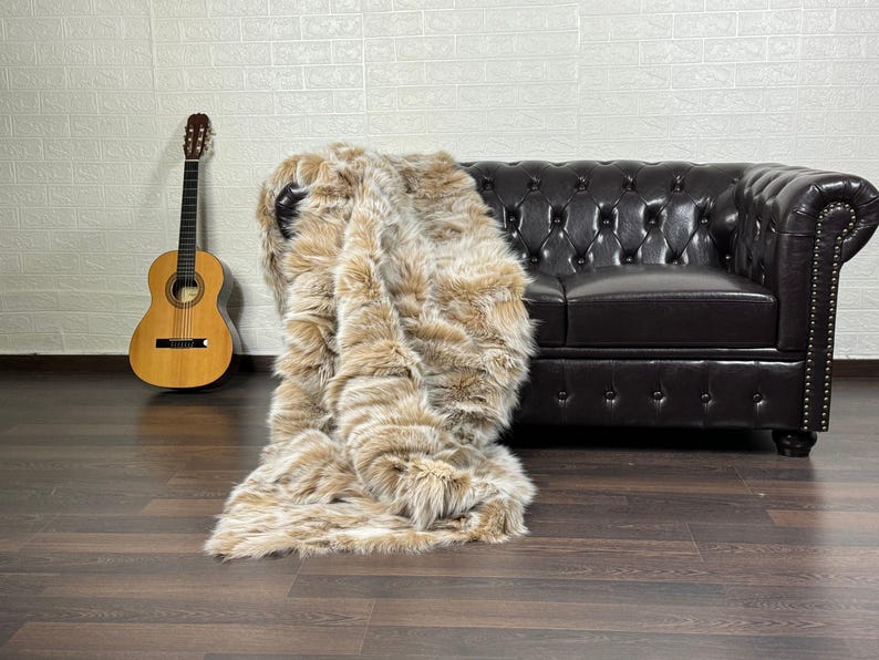 fox fur throw blanket beige — colour-matched beige panel construction, white accent placement — Greek craftsmanship, TatiFurs
